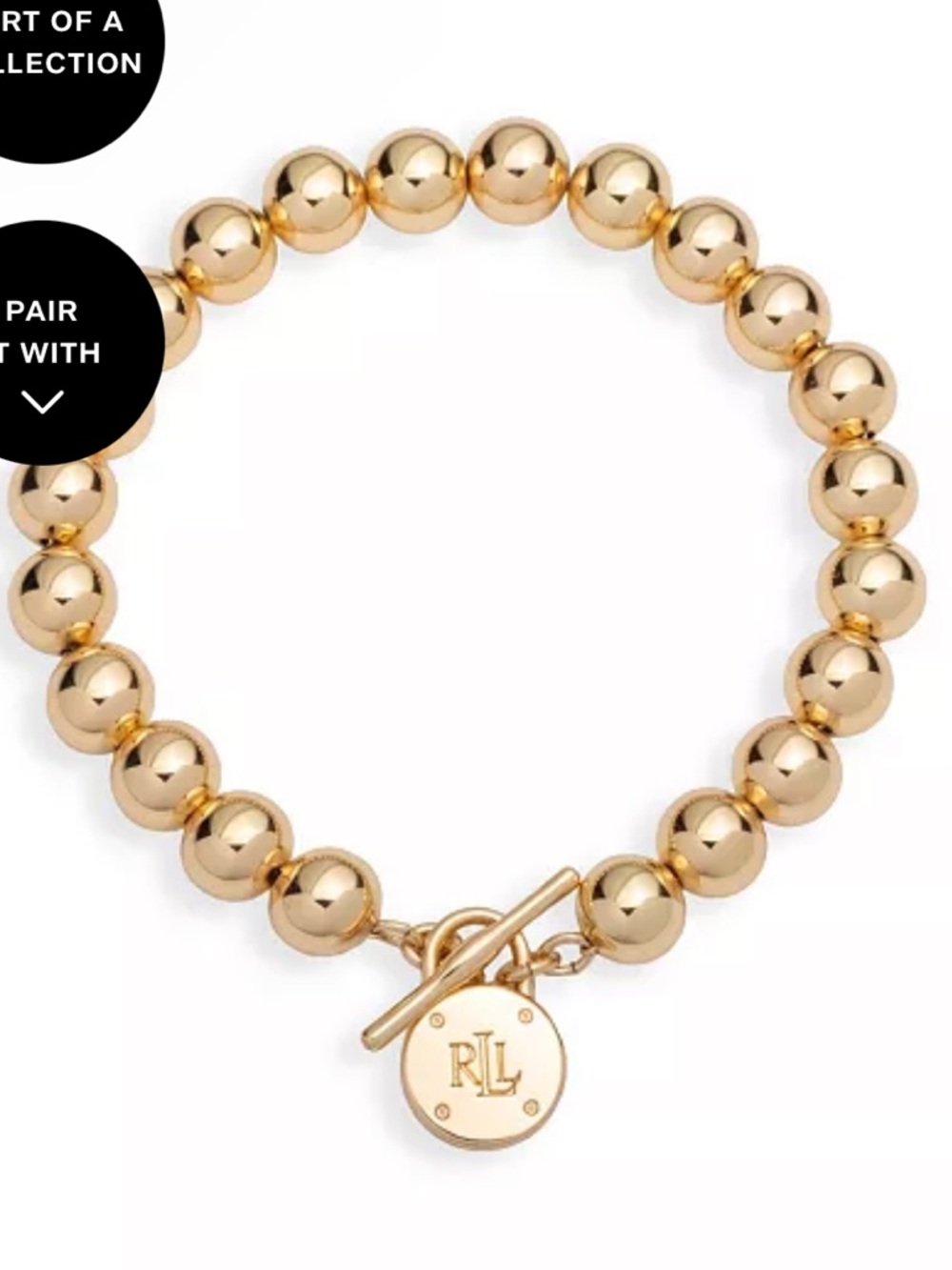 Lauren Ralph Lauren Gold Bead Toggle Bracelet with Logo Disc